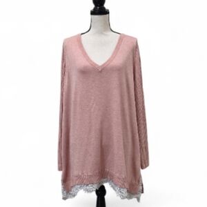 Michel Studio Pink V-Neck Sweater with Lace Hem